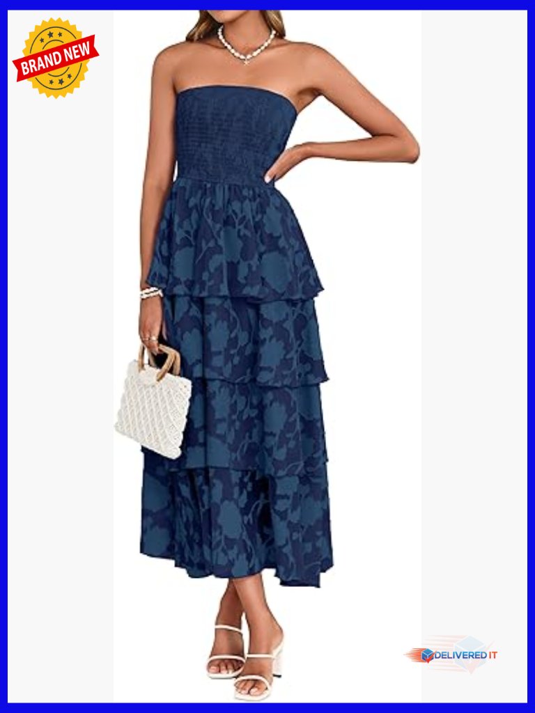 Women's Strapless Maxi Dress Boho Floral Wedding Guest Tiered Beach Sundress